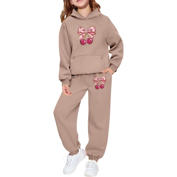 Girls Sweat Pant Set - Girls Hooded Tracksuit With Cherry And Bow Design Two Piece Outfit Soft Jogger Pants And Pullover Top For Casual Wear (Khaki,12-13 Years)
