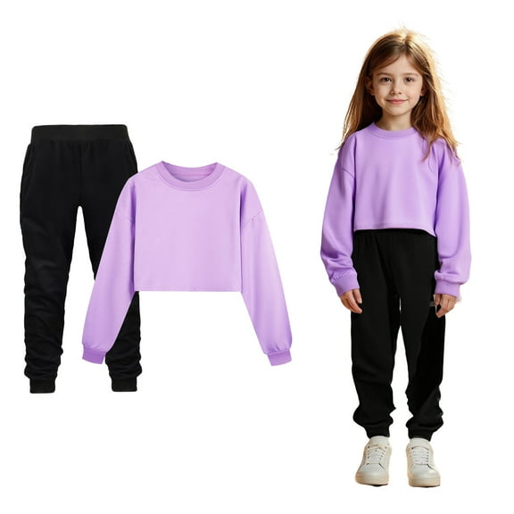 Girls Sweat Set Long Sleeve Solid Crewneck Purple Pullover Loose Sweatshirt Jogging Pants 2 Piece Fall Clothes Boys Outfits Size 4-5 Years Boys Girls Fashion