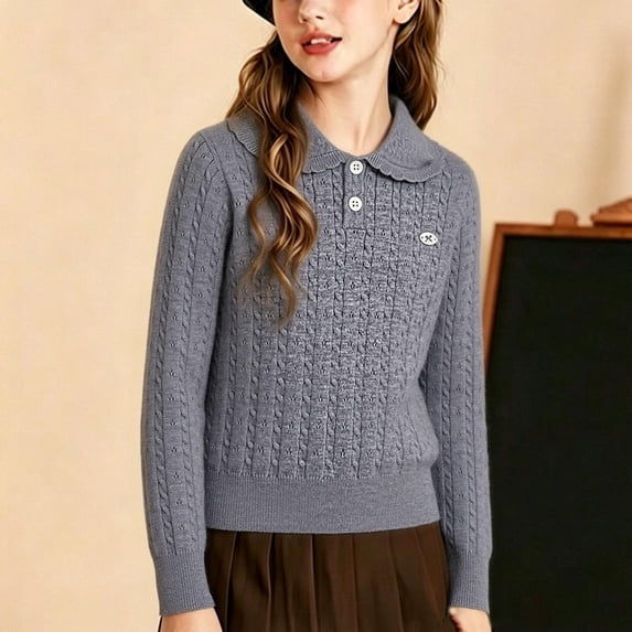 Girls Sweater Cable Knit Peter Pan Collar Button Placket Soft Lightweight Long Sleeve Jumpers (Grey)