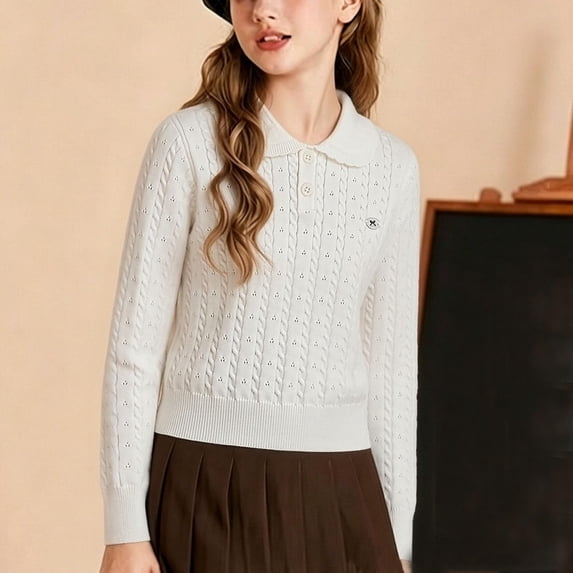 Girls Sweater Cable Knit Peter Pan Collar Button Placket Soft Lightweight Long Sleeve Jumpers (White)