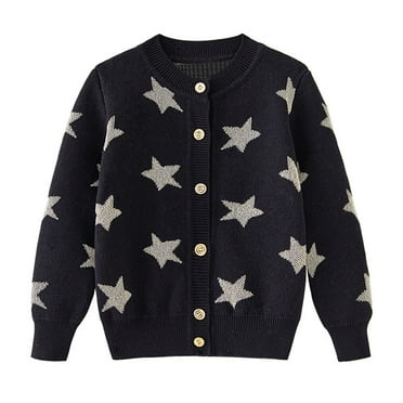 Girls Sweater Cardigan Long Sleeve Button Knit Stars Pattern Cute School Uniforms Toddler Outerwear Tops (4 Years, Black)