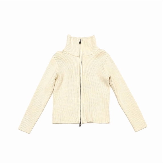 Girls Sweater Cardigan Uniform Zip Up Knit Fall Jackets Kids Ribbed High Neck Sweater Tops Beige, 6 Y