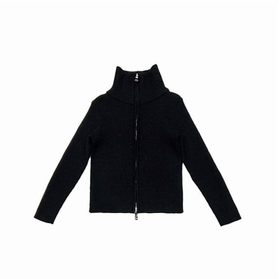 Girls Sweater Cardigan Uniform Zip Up Knit Fall Jackets Kids Ribbed High Neck Sweater Tops Black, 10 Y