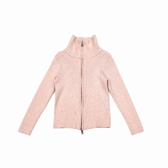 Girls Sweater Cardigan Uniform Zip Up Knit Fall Jackets Kids Ribbed High Neck Sweater Tops Pink, 6 Y