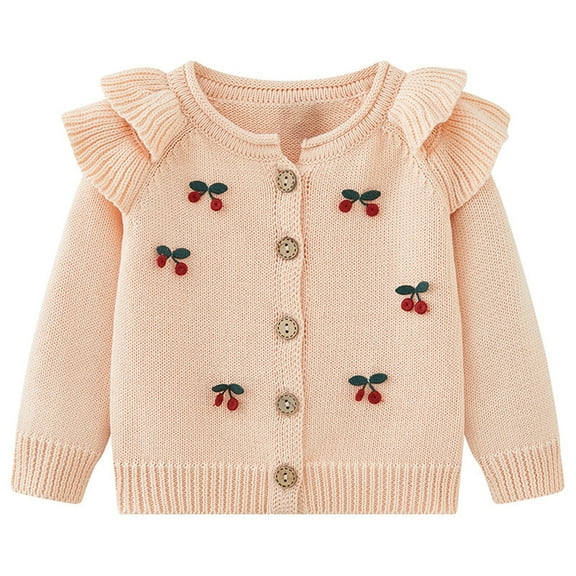 Girls Sweater Cardigan with Ruffle Strawberry Knit Shrug Sweaters Long Sleeve Button School Uniforms Outerwear (12 Months, Pink)