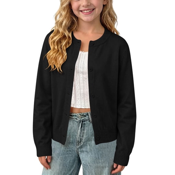 Girls Sweater Cardigans Toddlers Kids Long Sleeve Knit Soft Cotton Button Up Jacket School Uniform, Black 4 Years
