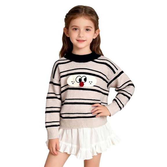 Girls Sweater Kids Little Girls 1-8 Years Beige Striped 3D Plush Cartoon Mock Neck 100% Acrylic Soft Casual Long Sleeve Sweater for Fall Winter Daily Wear,Size 1-2 T