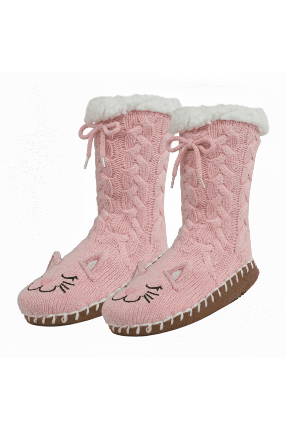 Girls Sweater Knit Slipper Socks, Soft Stitched Sole with Faux Fur Lining, PINK, M/L