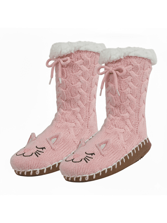 Girls Socks, Sweater Knit Slipper Kids Crew Socks for Girls with Soft Sole, Pink, M/L