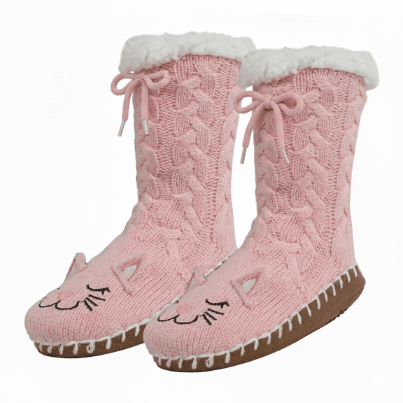 Muk Luks Girls Socks, Sweater Knit Slipper Kids Crew Socks for Girls with Soft Sole, Pink, S/M