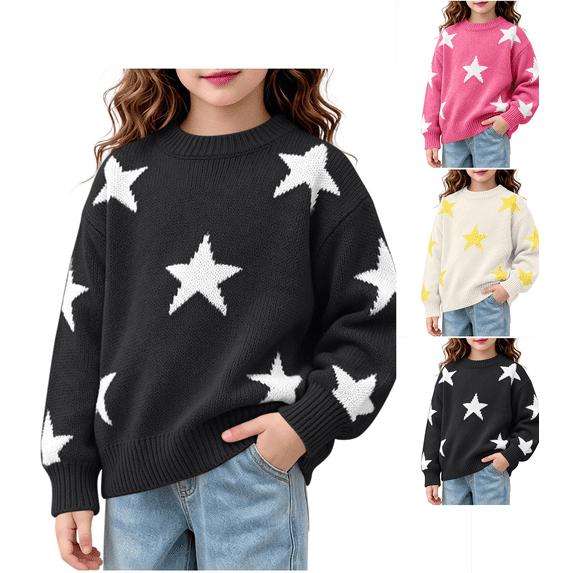 Girls Sweater Nelozsy Girls Crew Neck Star Knit Sweater Long Sleeve Loose Casual Pullover Black 10-12 Years