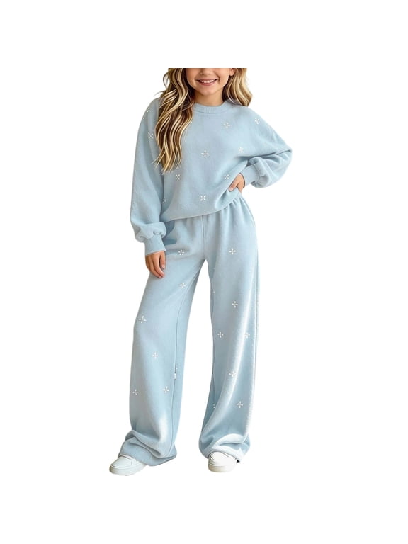 Girls Sweater Sets 2 Piece Oversized Sweaters Wide Leg Pants Embroidered Knitwear Fall Winter Clothes Light Blue, Size 5-6 Y