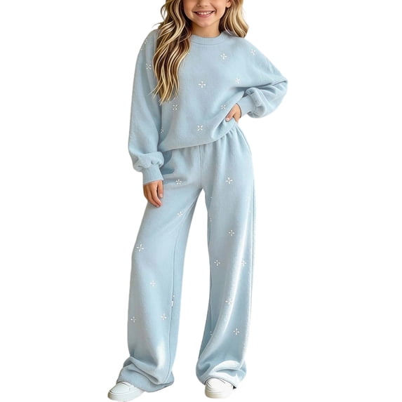 Girls Sweater Sets 2 Piece Oversized Sweaters Wide Leg Pants Embroidered Knitwear Fall Winter Clothes Light Blue, Size 7-8 Y