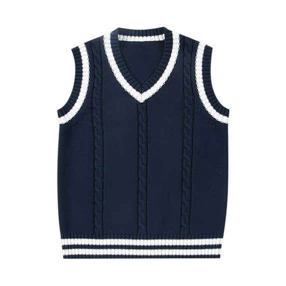 Girls Sweater Vest Knit Sweater V Neck Sleeveless Vest Blue Pullover Uniform Knit Sweaters Warm Autumn Winter Outfits Vest for Kids 6-7 Years