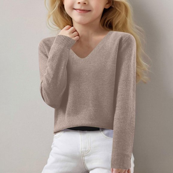 Girls Sweaters Fall Lightweight V Neck Knit Sweater Pullover Tops Long Sleeve Outwear Outfits Khaki 150