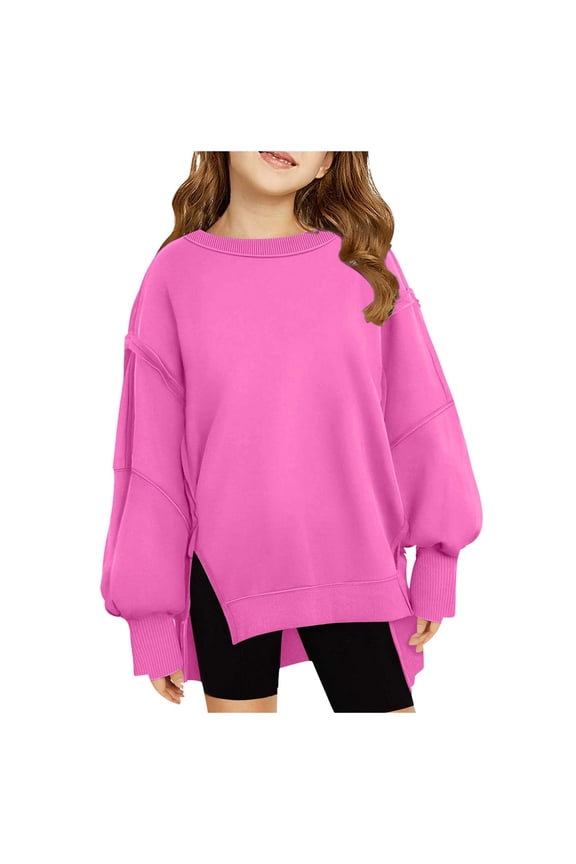 Girls' Sweaters Girls Sweater Girls Crewneck Sweatshirt Long Sleeve Pullover Tops Drop Shoulder Sweatshirts Side Split Shirts Hot Pink 9-10 Years