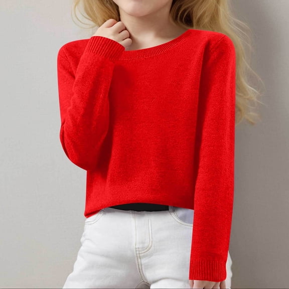 Girls Sweaters Long Sleeve Crewneck Pullover Tops Solid Comfy Pullovers Casual Loose Fit Tops Knit Sweater Red 150