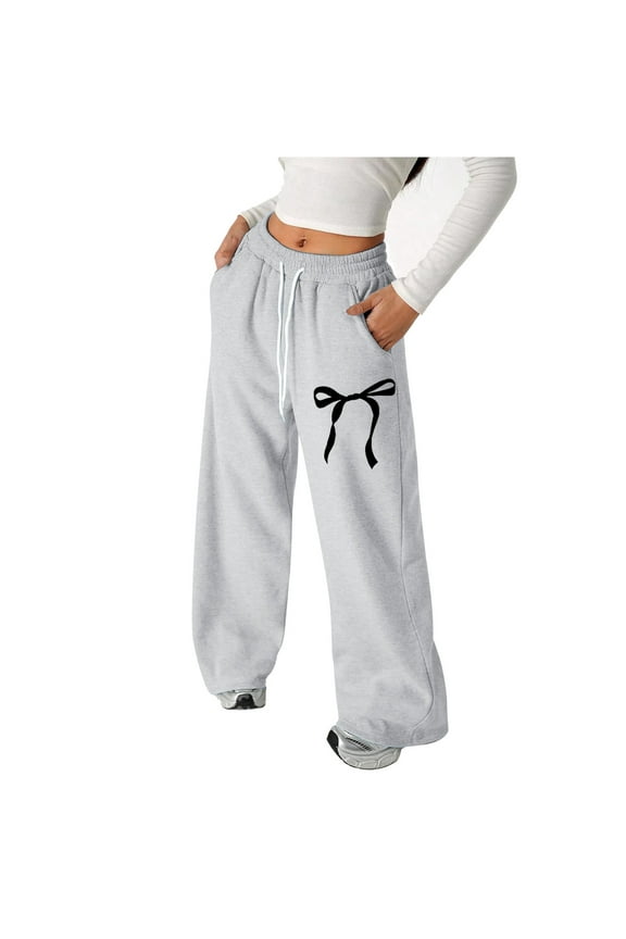 Women's Wide Leg Sweatpants Baggy Bow Graphic Drawstring Waist Jogger Sweat Pants with Pocket