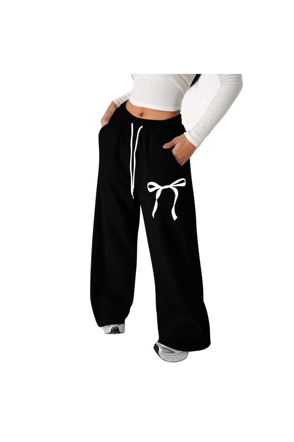 Girls Casual Bowknot Design Loose Fit Lightweight Athletic Sweatpants Straight Leg Comfortable Trousers With Functional Pockets For