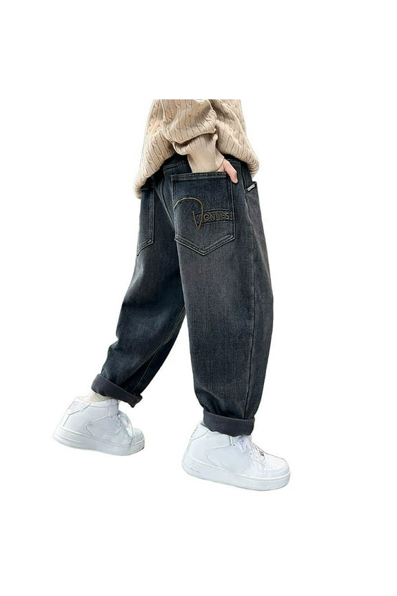 Girls Sweatpants,Boys Loose Fit Denim Jeans Elastic Waist Casual Trousers With Functional Pockets For Outdoor Play,Girls Pants,Black,4-5 Years