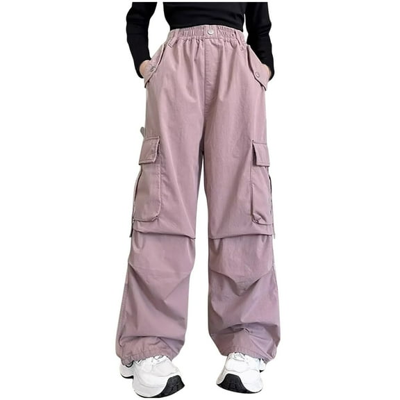 Girls Sweatpants Fashion Solid Color Elastic Waisted Wide Leg Cargo Pants Casual Baggy Trousers Size 5-15