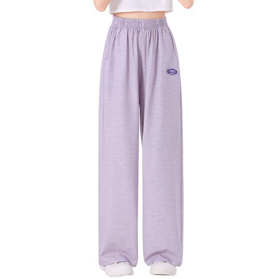 Girls Sweatpants,Girls Casual Streetwear Sweatpants High Elastic Waistband with Drawstring Loose Fit Solid Color Athletic Pants,Girls Pants,Purple,7-8 Years
