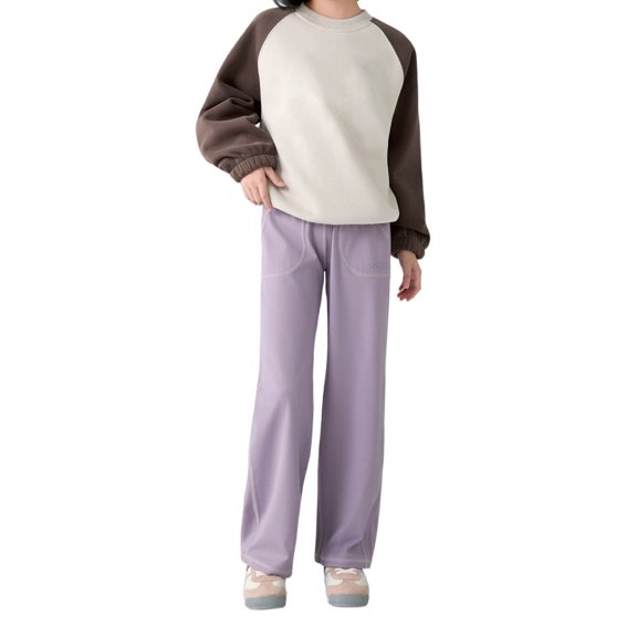 Girls Sweatpants,Girls Wide Leg Casual Trousers With Skin Texture Elastic Waistband Fashionable Straight Cut Design Comfortable Outfit,Girls Pants,Purple,6-7 Years