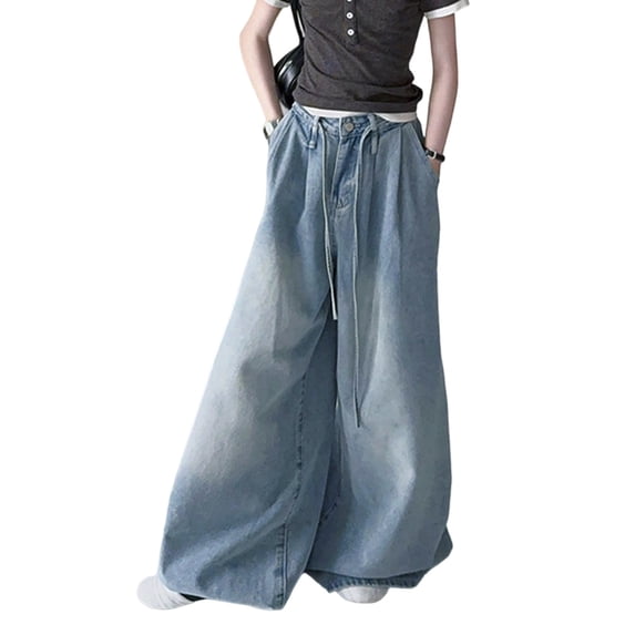 Girls Sweatpants,High Waist Jeans Wide Leg Loose Fit Korean Style Fashion Trousers,Girls Pants,Z03 Blue,7-8 Years
