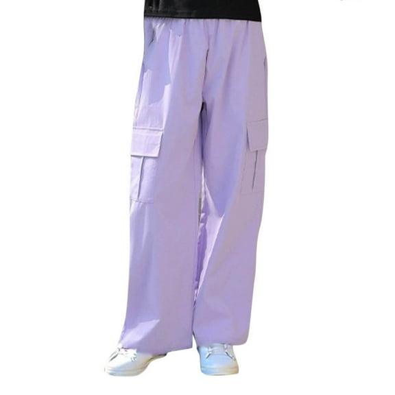 Girls Sweatpants Kids Drawstring Cargo Pants Teen Girls Wide Leg Baggy Joggers Pants with Pockets Purple 12-13 Years