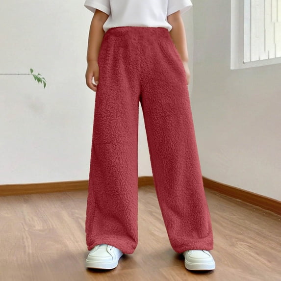 Girls Sweatpants Kids Fleece Warm Elastic High Waist Wide Leg Loose Long Pants Fuzzy Soft Solid Color Pajama Pant 2025 Winter Trendy,Sizes 4-15