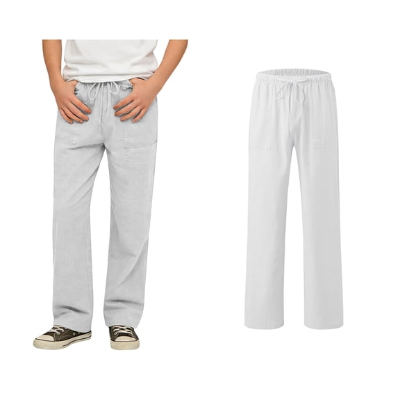 Girls Sweatpants Linen White Sweatpants Kids Adjustable Drawstring Casual Pants with Pockets Girls Solid Pants Kids Spring Fall Sweatpants 8-9 Years