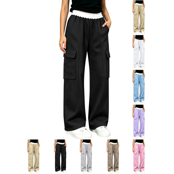 Girls Sweatpants Nelozsy Kids Contrast Elastic Waist Cargo Pants Multi Pocket Loose Wide Leg Casual Sweat Trousers Black 14-15 Years