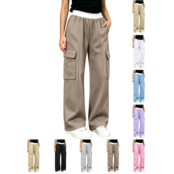 Girls Sweatpants Nelozsy Kids Contrast Elastic Waist Cargo Pants Multi Pocket Loose Wide Leg Casual Sweat Trousers Khaki 11-12 Years