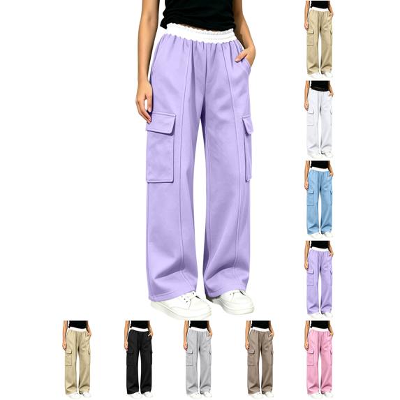 Girls Sweatpants Nelozsy Kids Contrast Elastic Waist Cargo Pants Multi Pocket Loose Wide Leg Casual Sweat Trousers Purple 14-15 Years