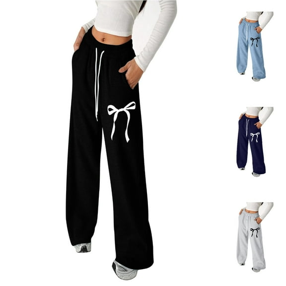 Girls Sweatpants with Pockets Bow Printed Baggy Straight Leg Casual Pants Lightweight Elastic Waist Drawstring Sports Athletic Pants Black Sizes 4-5 Y