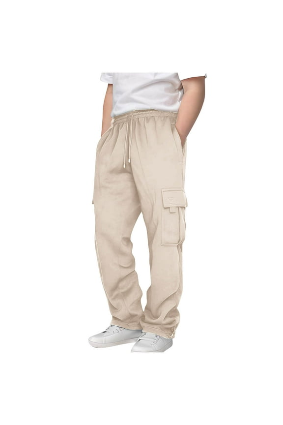 Girls' Sweatpants with Pockets New Boys Cargo Sweatpants Drawstring Joggers with Pocket Athletic Casual Pants for Big Kids Comfy Sports Trousers Beige 11 Years
