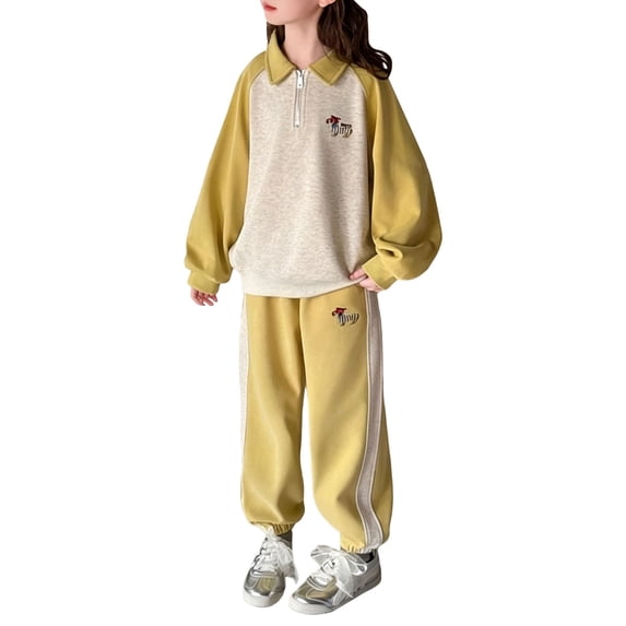 Girls Sweatpants Set 2 Piece Outfits Quarter Zip Lapel Collar Pullover Kids Sweatshirt Teen Sweatpants Athletic Clothing Set