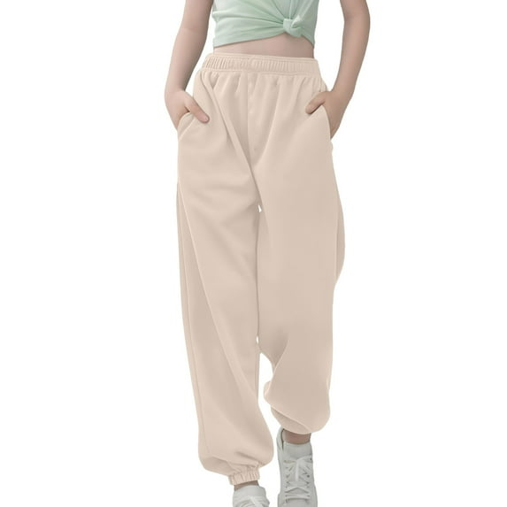 Girls Sweatpants,Stylish Girls Casual Solid Color Drawstring Sweatpants Comfortable Medium Large Kids Athletic Pants Soft Playwear Everyday Trousers,Girls Pants,Beige,5-6 Years
