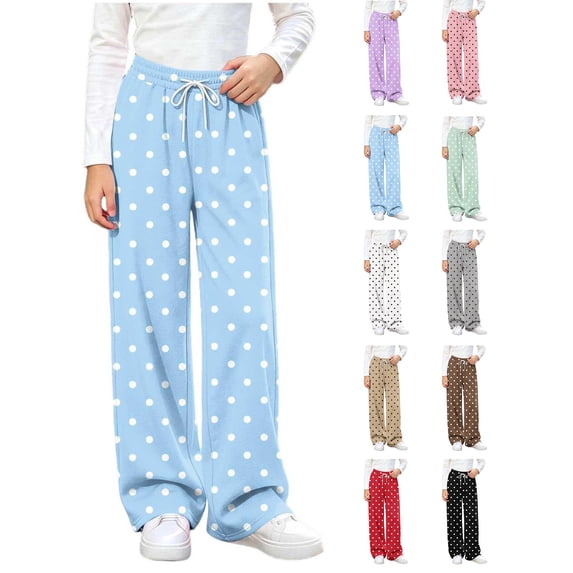 Girls Sweatpants Zaewscy Girls' Polka Dot Drawstring Elastic Waist Wide Leg Casual Sweatpants Blue 11-12 Years