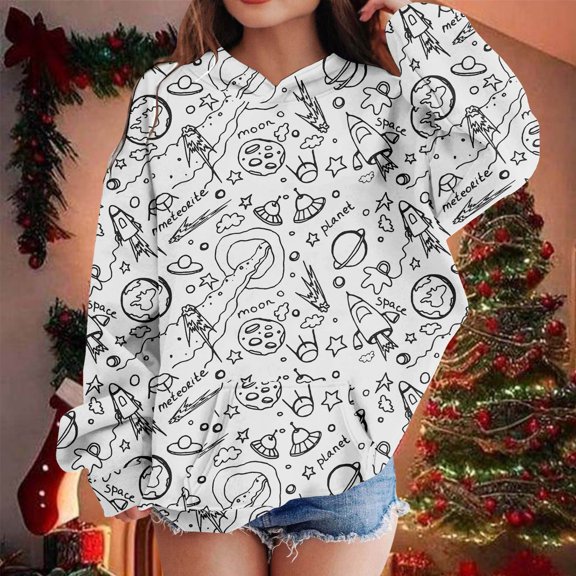 Girls Sweatshirt Athletic Hoodies Long Sleeve Graphic Top Warm Fall Fashion Outfit Winter Clothes Cute Pattern Print Sweatshirts for Women Loose Fit