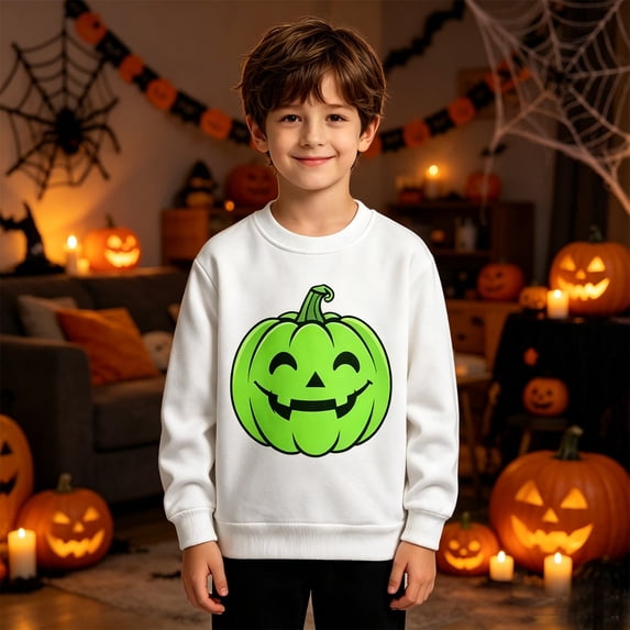 Girls Sweatshirt Boys Glow Halloween Print Fleece Hoodless Long Sleeve Pullover White 12-24 Months