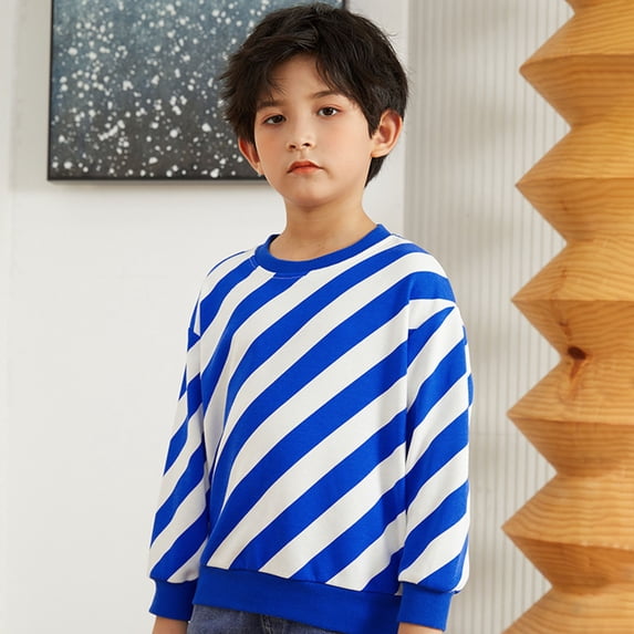Girls Sweatshirt Boys Striped Crew Neck Sweatshirt Long Sleeve Casual Pullover Hoodless Top Blue 4-5 Years