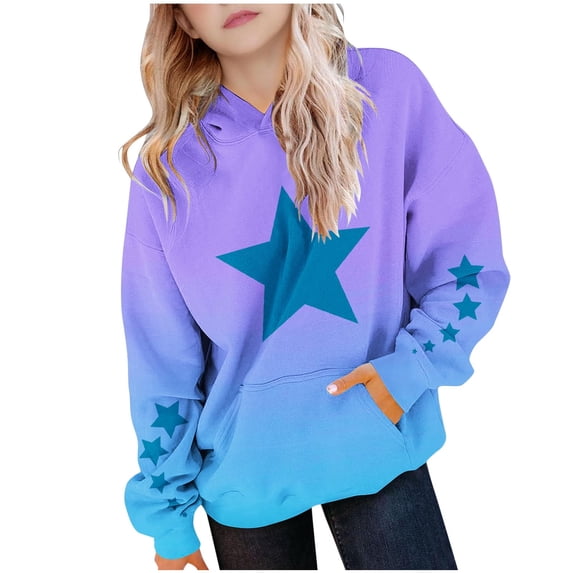 Girls Sweatshirt Casual Kid Girls Boys Hooded Sweatshirts Warm Pullover Hoodies Long Sleeve Shirts with Pockets Gradient Star Print Tops Tunic Baggy Fleece Jumper TrackSweat Top