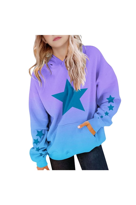 Girls Sweatshirt Casual Kid Girls Boys Hooded Sweatshirts Warm Pullover Hoodies Long Sleeve Shirts with Pockets Gradient Star Print Tops Tunic Baggy Fleece Jumper TrackSweat Top