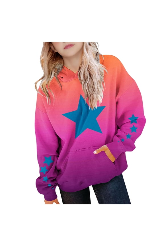 Girls Sweatshirt Casual Kid Girls Boys Hooded Sweatshirts Warm Pullover Hoodies Long Sleeve Shirts with Pockets Gradient Star Print Tops Tunic Baggy Fleece Jumper TrackSweat Top