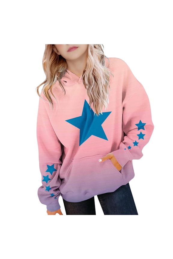 Girls Sweatshirt Casual Kid Girls Boys Hooded Sweatshirts Warm Pullover Hoodies Long Sleeve Shirts with Pockets Gradient Star Print Tops Tunic Baggy Fleece Jumper TrackSweat Top
