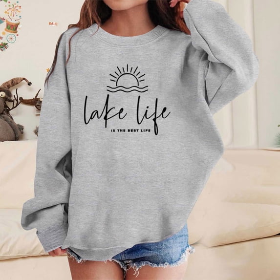 Girls Sweatshirt Childrens Casual Print Crew Neck Long Sleeve Pullover Hoodless Sweatshirt Grey 3-4 Years
