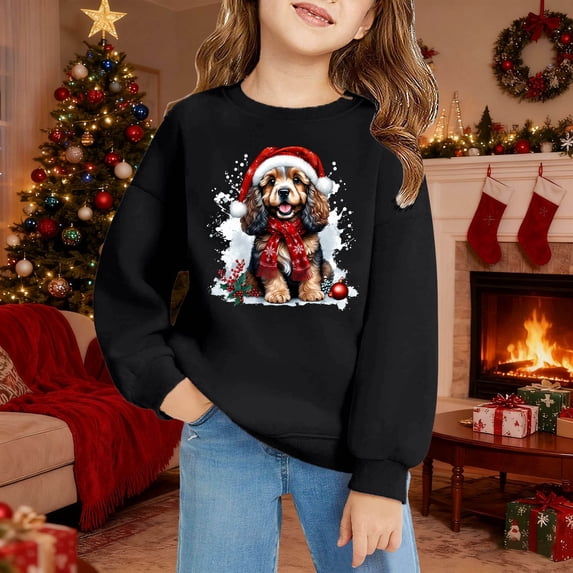 Girls Sweatshirt Childrens Christmas Tree Graphic Pocket Crew Neck Pullover Hoodless Top Black 3-4 Years