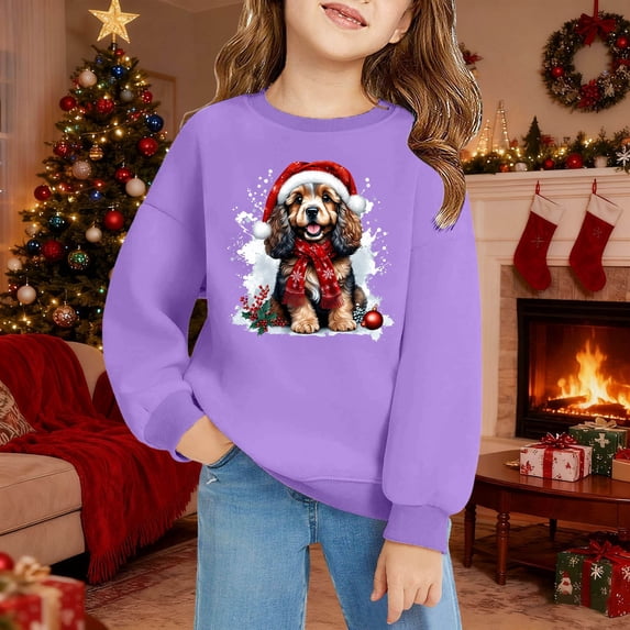 Girls Sweatshirt Childrens Christmas Tree Graphic Pocket Crew Neck Pullover Hoodless Top Purple 18-24 Months