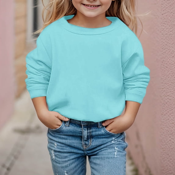 Girls Sweatshirt Childrens Solid Sport Crew Neck Hoodless Sweatshirt Long Sleeve Pullover Blue